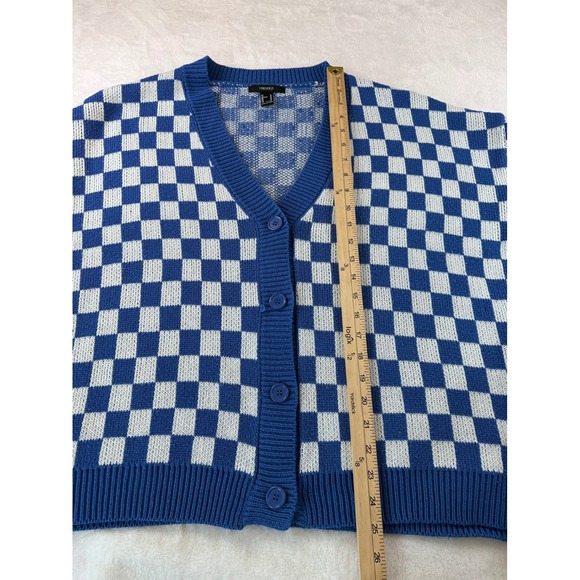 Forever 21 Blue White Checkerboard Knit Cardigan Sweater Womens Medium Oversized - Picture 5 of 8